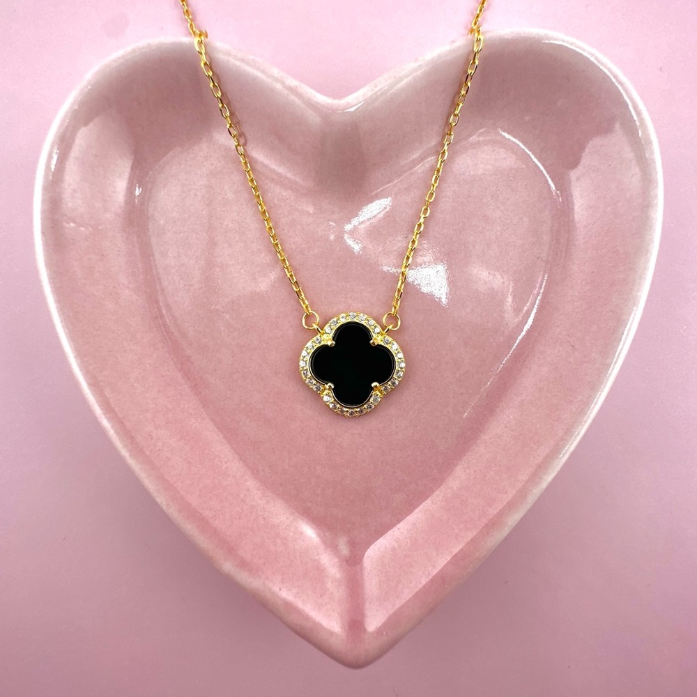 18K Gold Plated Over 925 Sterling Silver 4 Leaf Black Clover Necklace